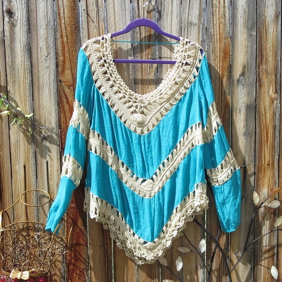 Umgee Tops - Turquoise M Bohemian lace flowy Top